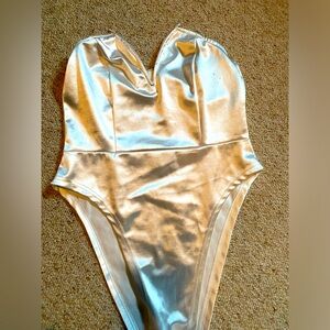 White, silky one piece body suit, shein. Med.
